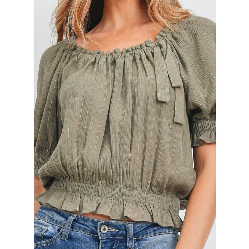 LAST 1❗️Re:Named Nordstrom Olive/Gold Off Shoulder Top - Picture 2 of 7